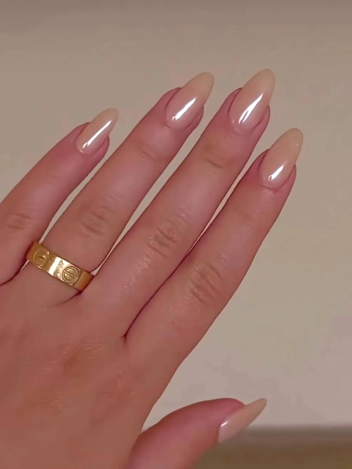 24pcs Short Almond Nude Solid Glossy Mirror Effect Pearlescent Fake Nail False