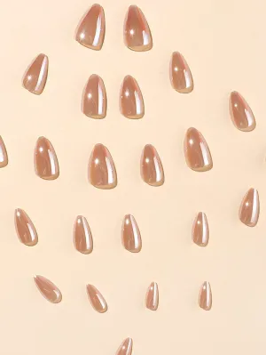 24pcs Short Almond Nude Solid Glossy Mirror Effect Pearlescent Fake Nail False