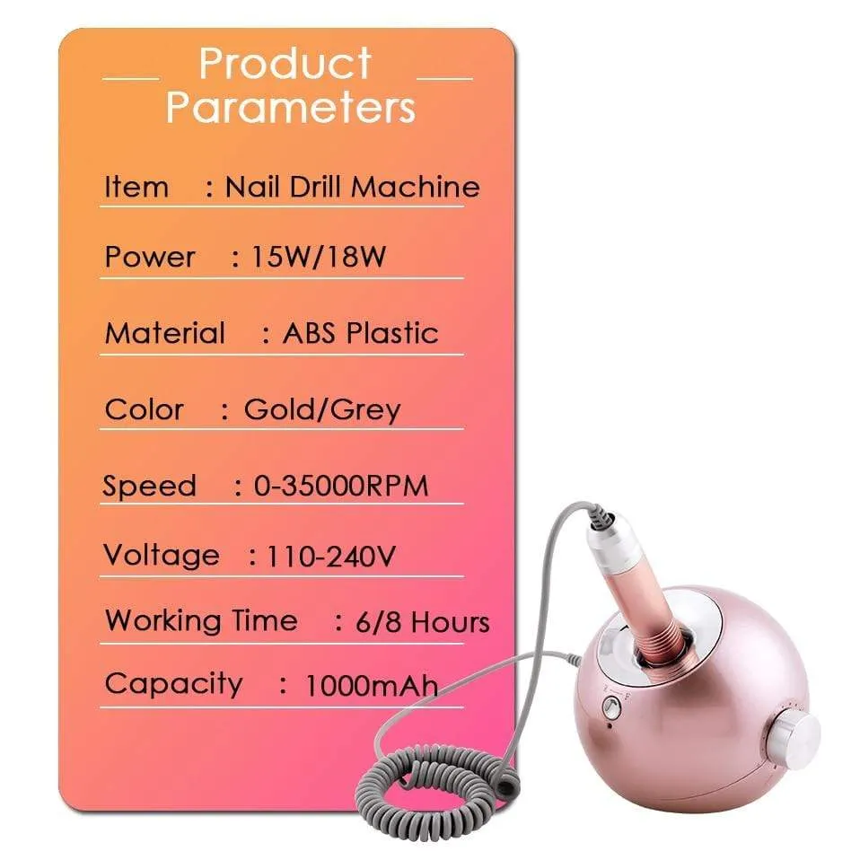 35000RPM Portable Rechargeable Electric Nail Drill Machine File Pedicure Equipment Manicure Kit Nail Gel Art Polishing Tools