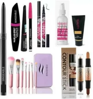 Bingeable Kajal& 3 In1 Waterproof Eyeliner, mascara, Kajal& 36H Eyeliner& 7 Pcs Brush(HK)& 2in1 Contour Stick& Foundation& Fixer (7 Items in the set)