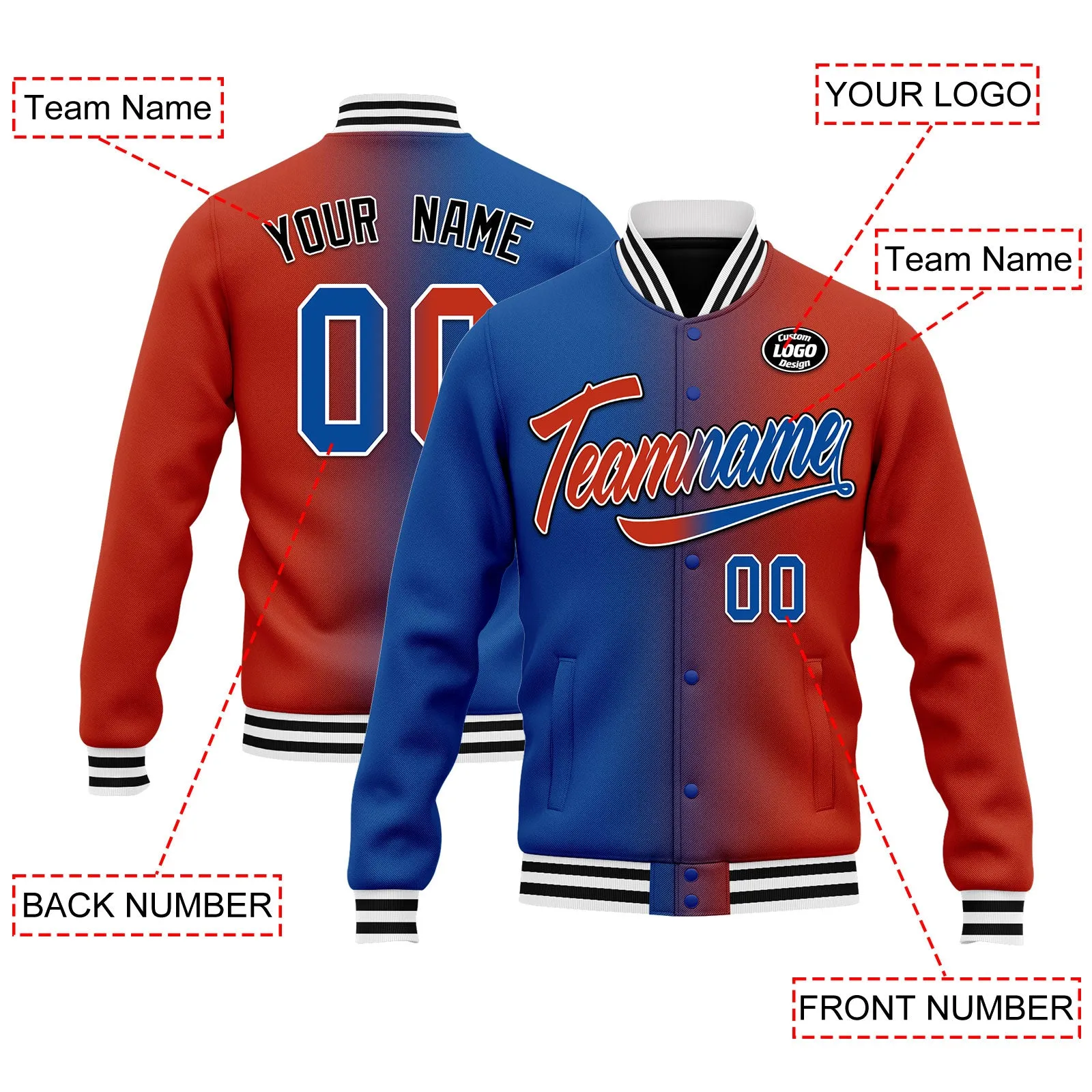 Custom Gradient Fashion Jacket Bomber Full-Snap Varsity Letterman Personalized Jacket FZ005-D028016-14