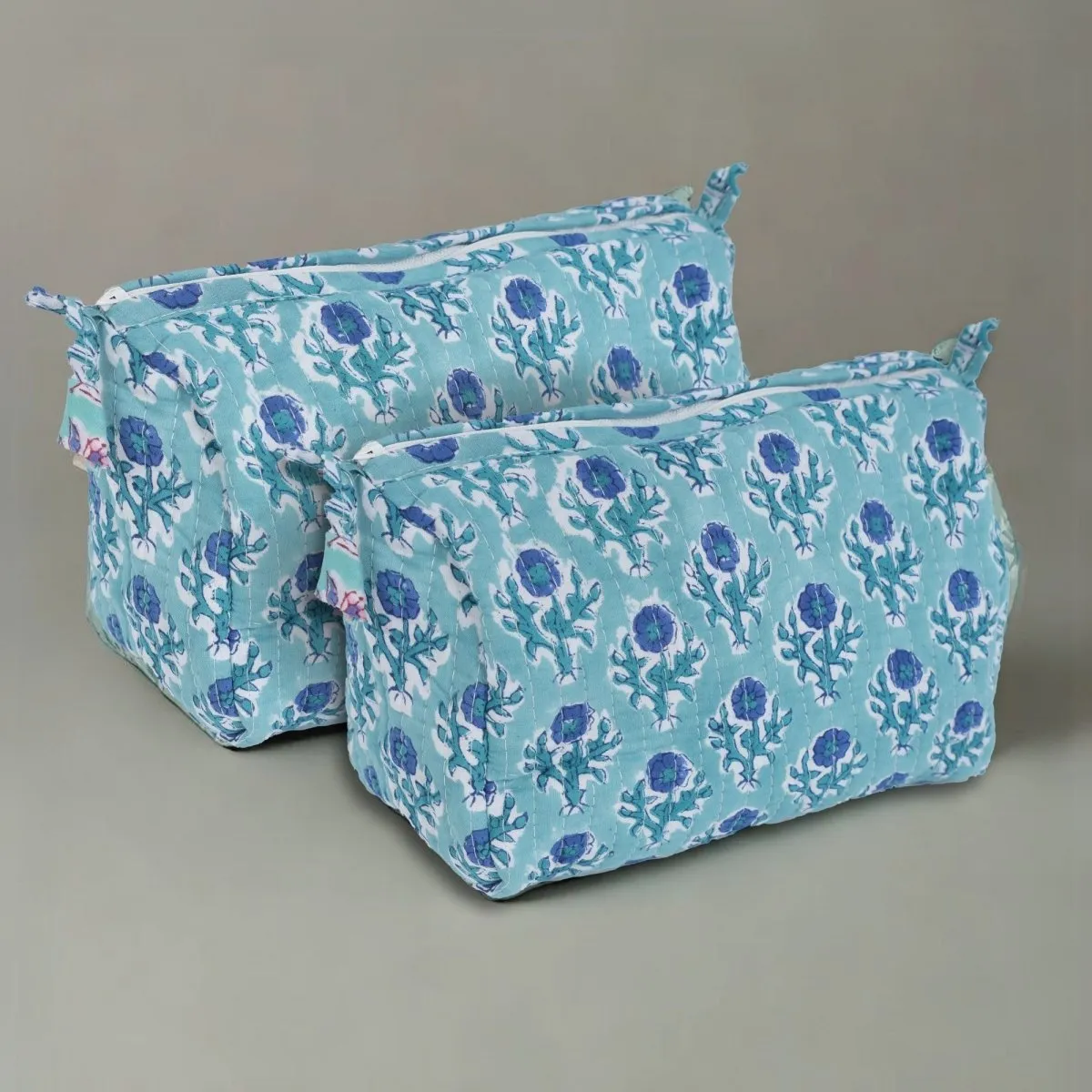 Quilted Makeup Pouch / Utility Pouch Set Of 2 - Hand Printed In Blue Floral Pattern | Portable Toiletry Bag For Travel