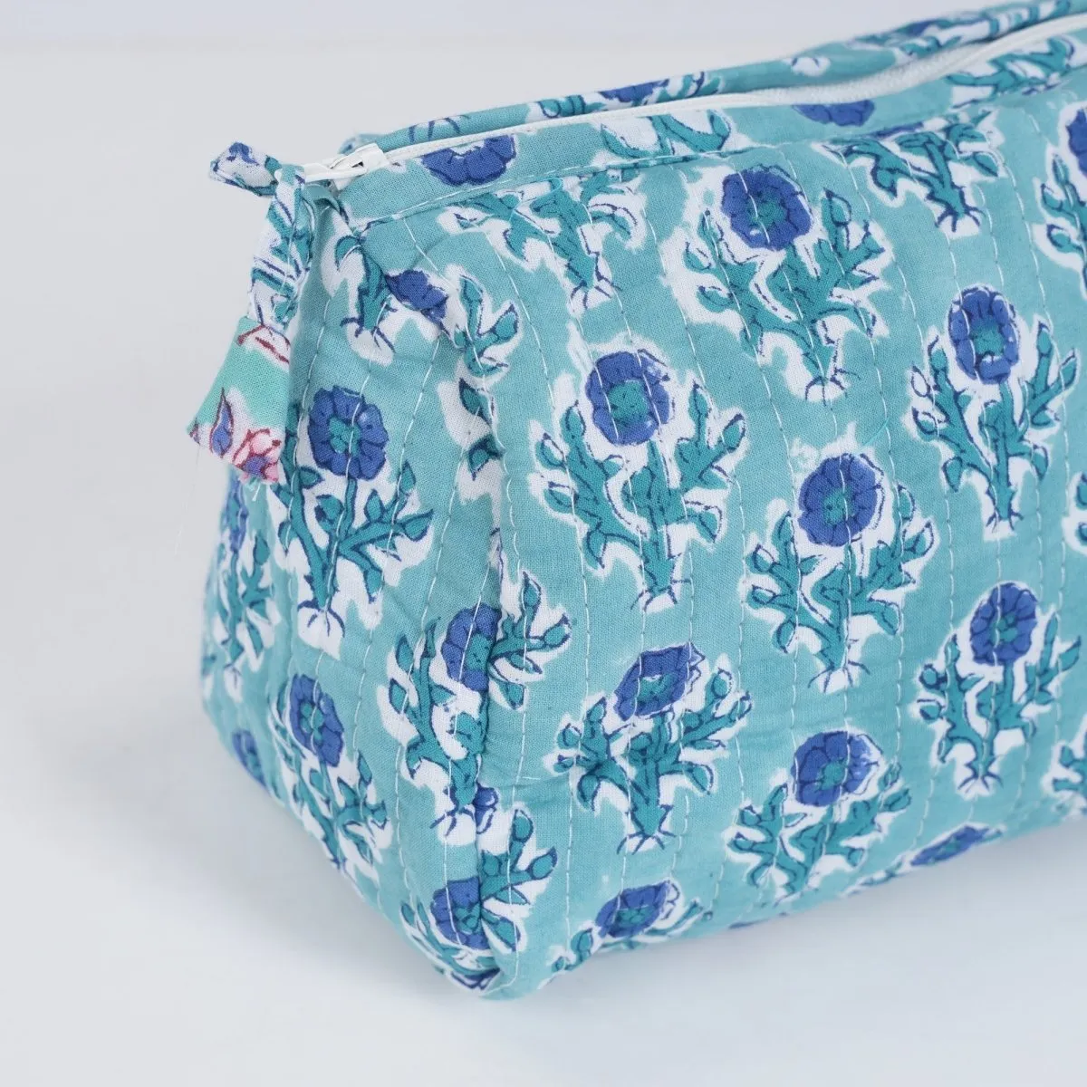 Quilted Makeup Pouch / Utility Pouch Set Of 2 - Hand Printed In Blue Floral Pattern | Portable Toiletry Bag For Travel