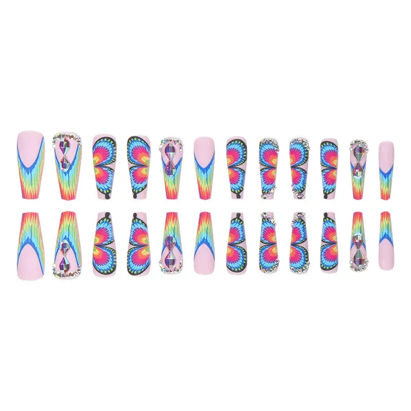 TEEK - 24PC Long Coffin Frosted Rainbow Butterfly Fake Nails