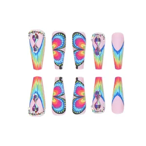 TEEK - 24PC Long Coffin Frosted Rainbow Butterfly Fake Nails