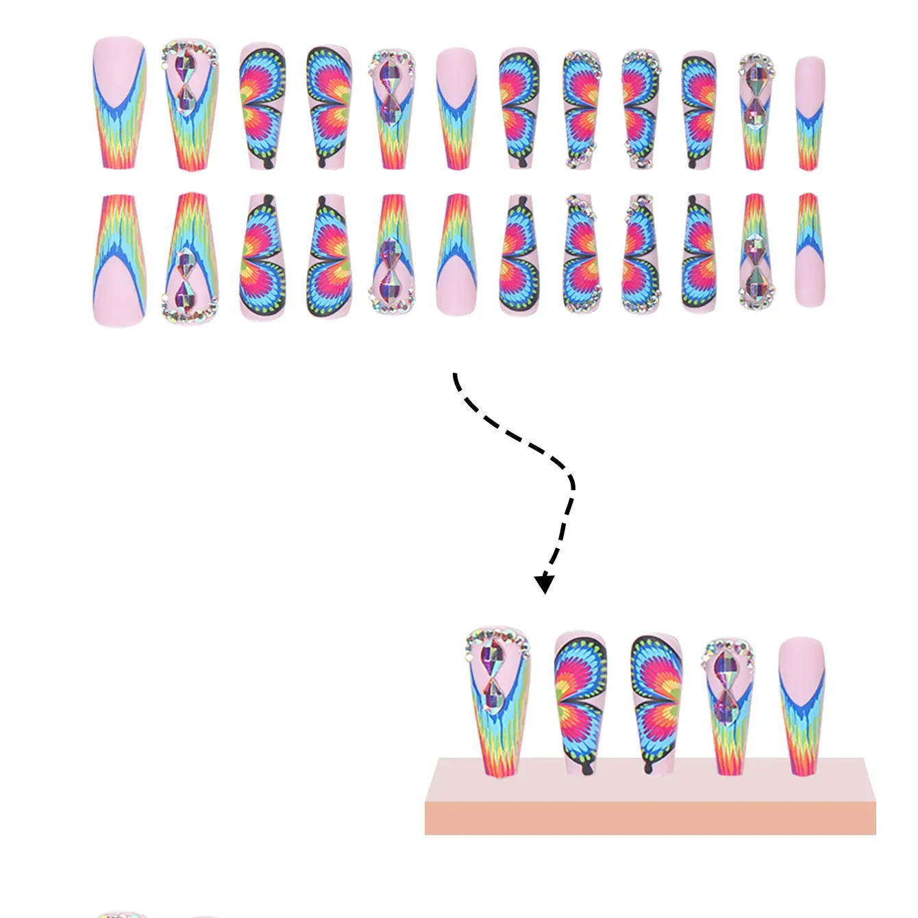 TEEK - 24PC Long Coffin Frosted Rainbow Butterfly Fake Nails