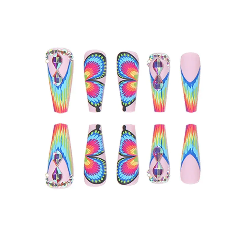 TEEK - 24PC Long Coffin Frosted Rainbow Butterfly Fake Nails