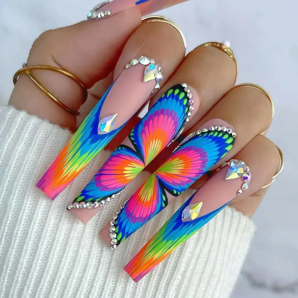 TEEK - 24PC Long Coffin Frosted Rainbow Butterfly Fake Nails