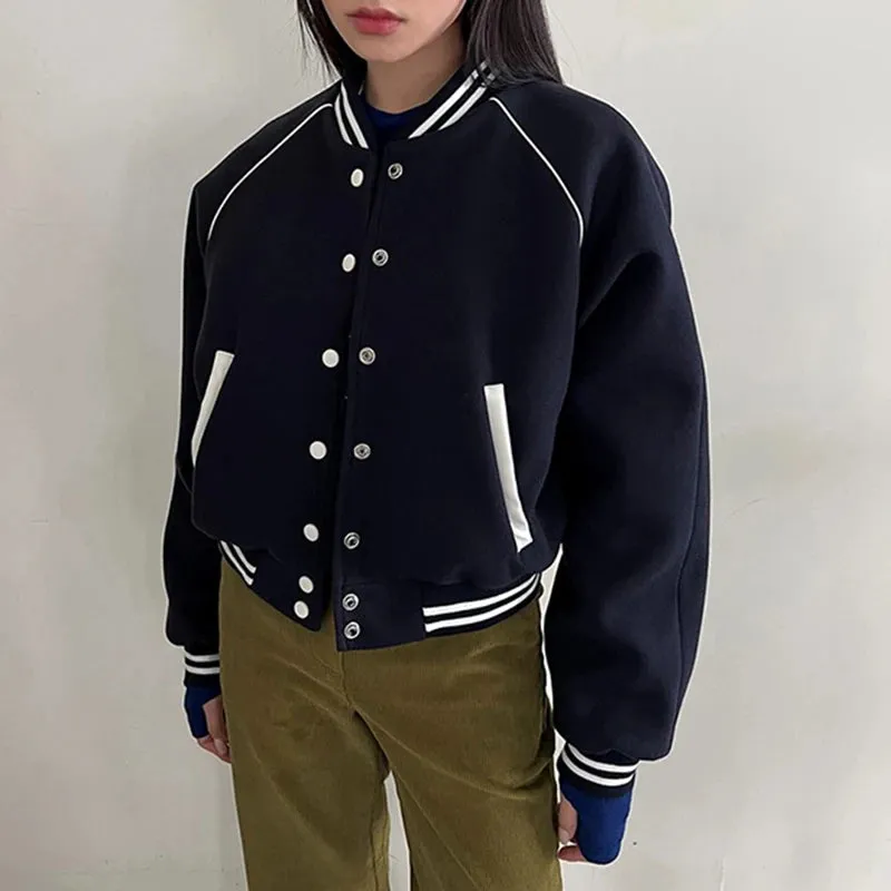 Vintage Stripe Stand Collar Baseball Jacket Women Varsity College Autumn Coat Buttons Up Fashion Outwear Jackets